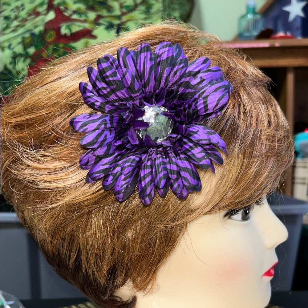 Purple Zebra-Print Flower Hair Clip with Gem Center in green, purple, blue